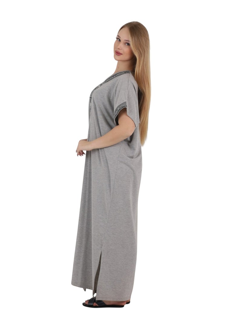 Zecotex Women's Cotton Home Abaya - Soft Short Sleeve Embroidered Maxi Kaftan House Dress, Grey - Image 3