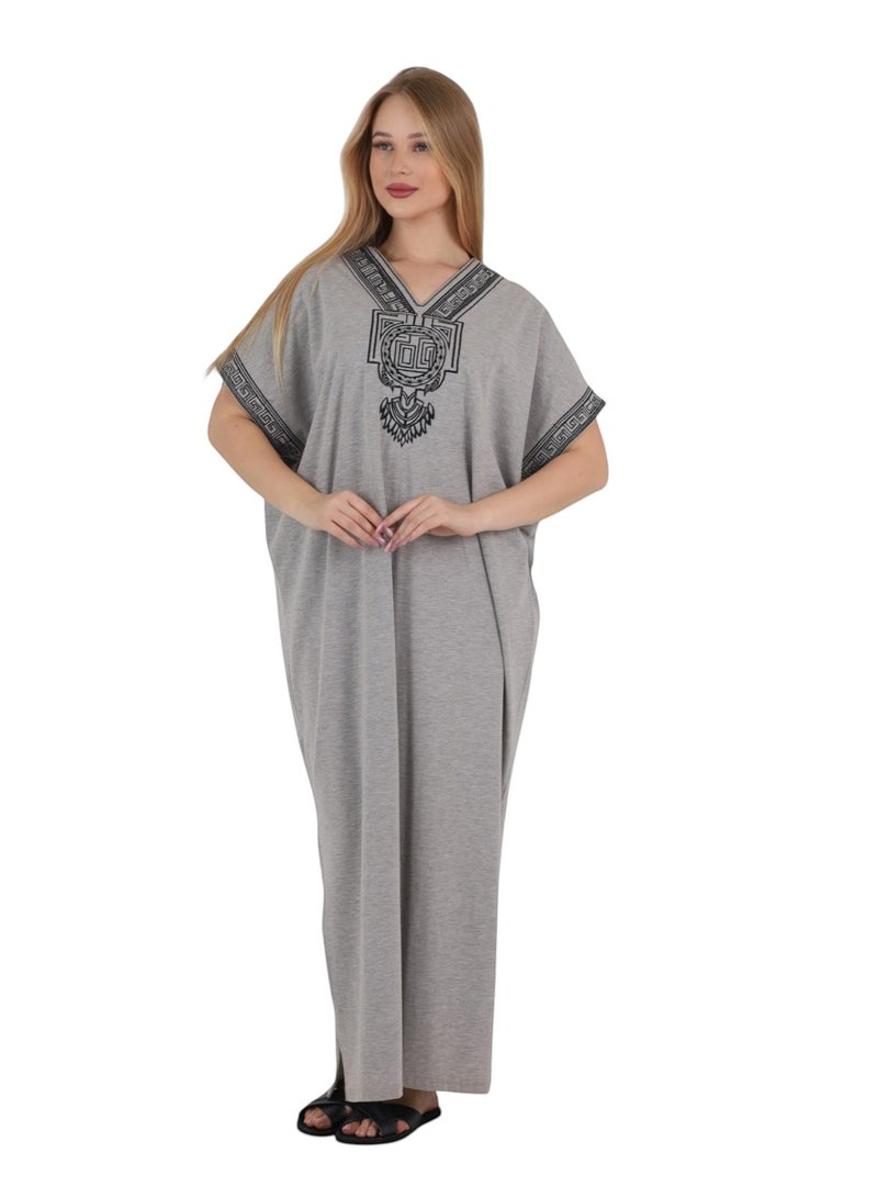 Zecotex Women's Cotton Home Abaya - Soft Short Sleeve Embroidered Maxi Kaftan House Dress, Grey - Image 1