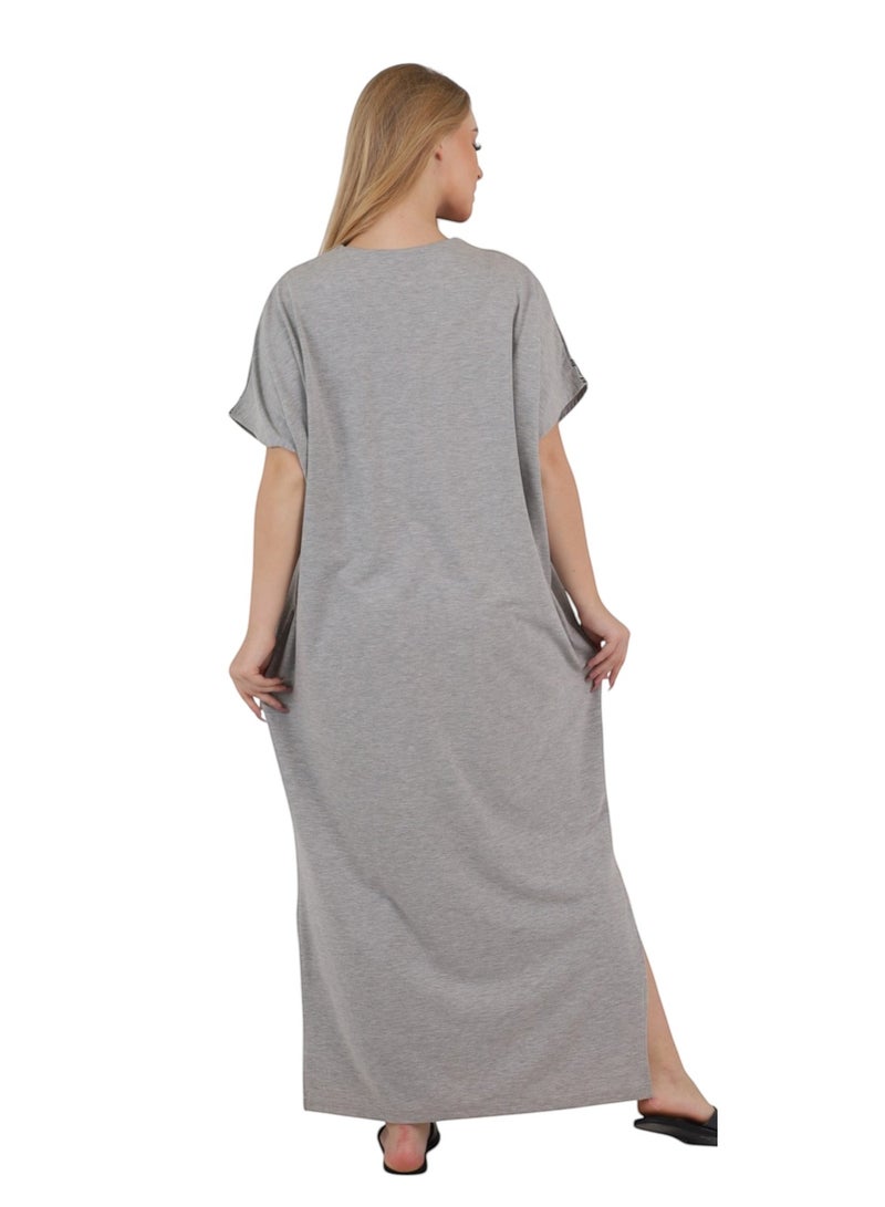 Zecotex Women's Cotton Home Abaya - Soft Short Sleeve Embroidered Maxi Kaftan House Dress, Grey - Image 4