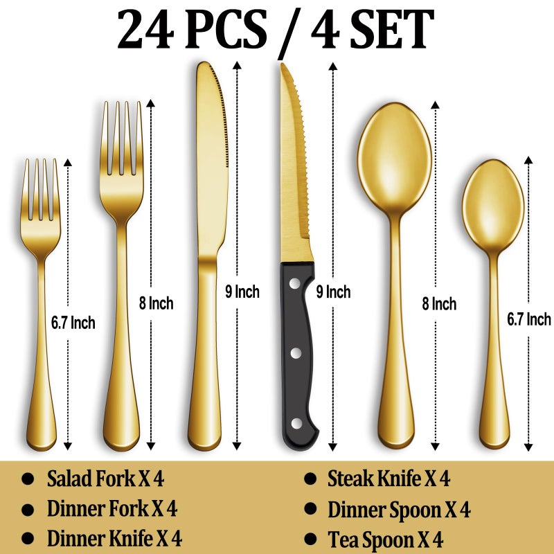 MUTNITT 24 Pcs Gold Silverware Set with Steak Knives, Stainless Steel Flatware Cutlery Set Service for 4, Kitchen Tableware Set, Utensil Set for Home and Restaurant, Knives Forks Spoon Set, Dishwasher Safe - Image 2