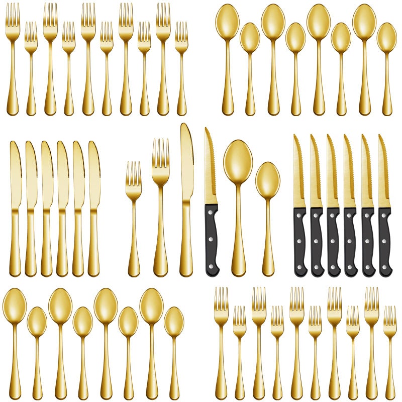 MUTNITT 24 Pcs Gold Silverware Set with Steak Knives, Stainless Steel Flatware Cutlery Set Service for 4, Kitchen Tableware Set, Utensil Set for Home and Restaurant, Knives Forks Spoon Set, Dishwasher Safe - Image 1