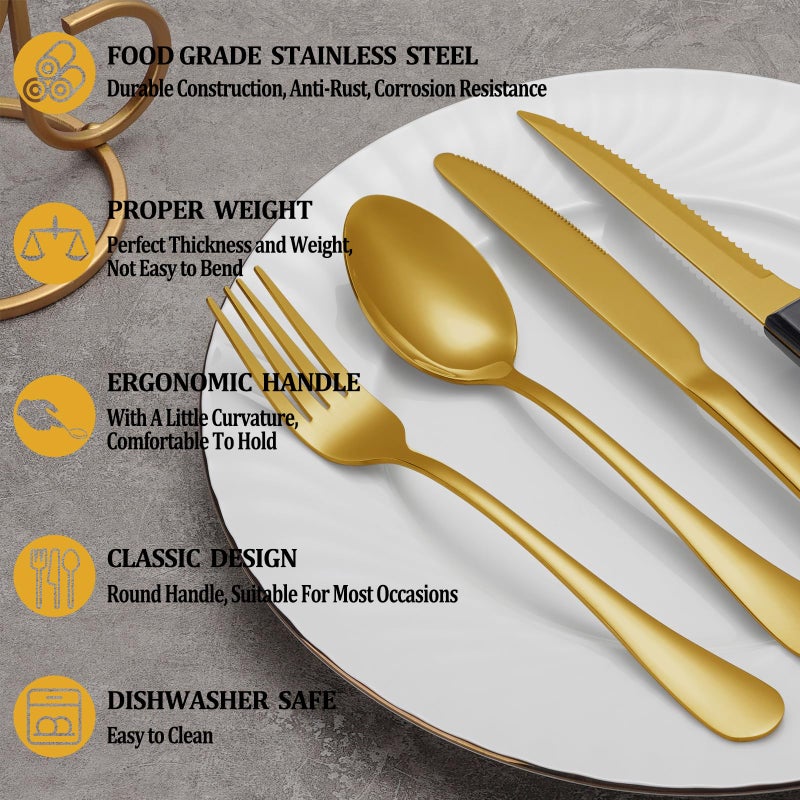 MUTNITT 24 Pcs Gold Silverware Set with Steak Knives, Stainless Steel Flatware Cutlery Set Service for 4, Kitchen Tableware Set, Utensil Set for Home and Restaurant, Knives Forks Spoon Set, Dishwasher Safe - Image 3