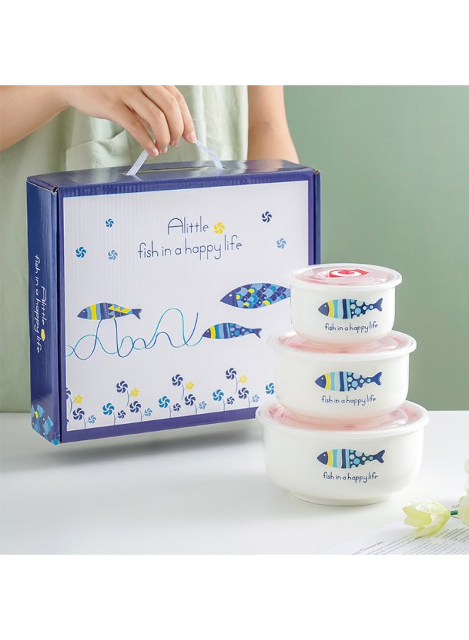 Ceramic Fresh-keeping Bowl Three-piece Vacuum Sealed Microwave Oven Gift Bowl Wedding Gift Will Sell Tableware Printing-Specifications:Cartoon Fish-Color:5 Inch Single Pack (60 Sets Or 30 Sets In A Box) - Image 1