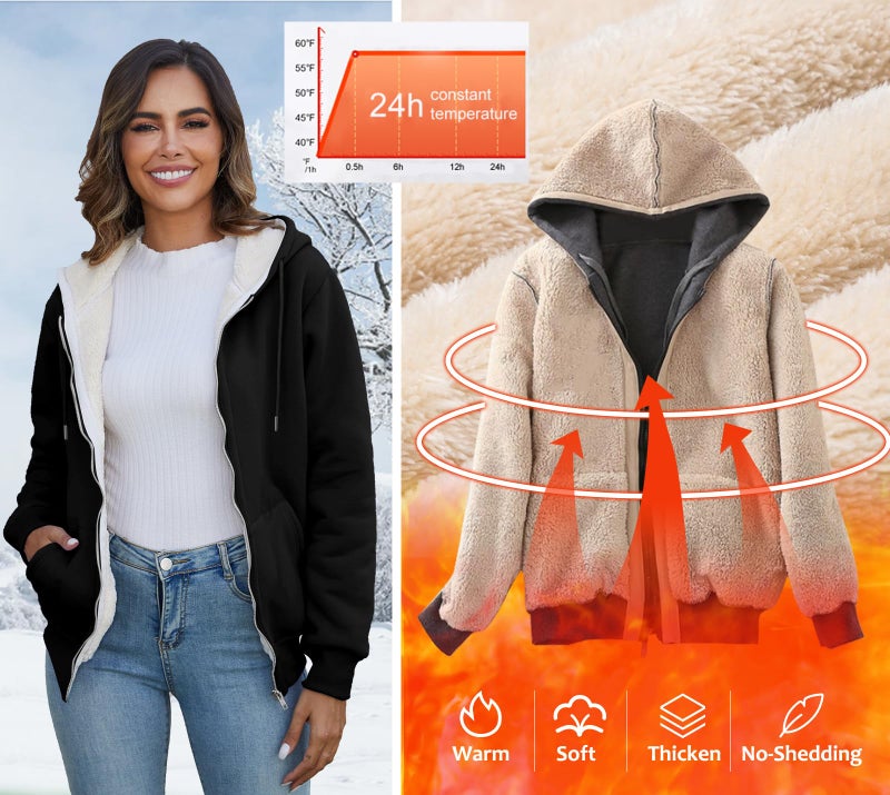 Flygo سويت شيرتات هوديز شتوية للنساء من فلايجو بسحاب مبطن بالفليس شيربا دافئة (أسود-L) - Image 2