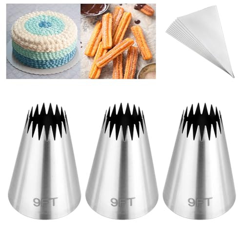 Kasmoire 3Pcs Churro Piping Bags and Tips Set,Stainless Steel 9FT Icing Tips Set with 10Pcs Disposable Piping Bags,Open Star Pastry Tips for Cake Decorating - Image 1