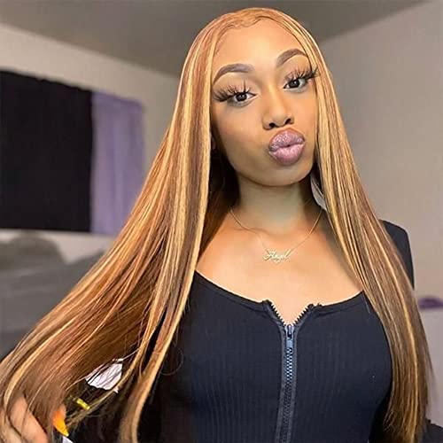 ISEE Wear Go Glueless Wig Highlight Brown Wigs Silky Straight Preplucked 4x6 HD Transparent 427 Honey Blonde Lace Frontal Wigs 180 Density Colored Straight Human Hair Wigs for Women 22 Inch - Image 3