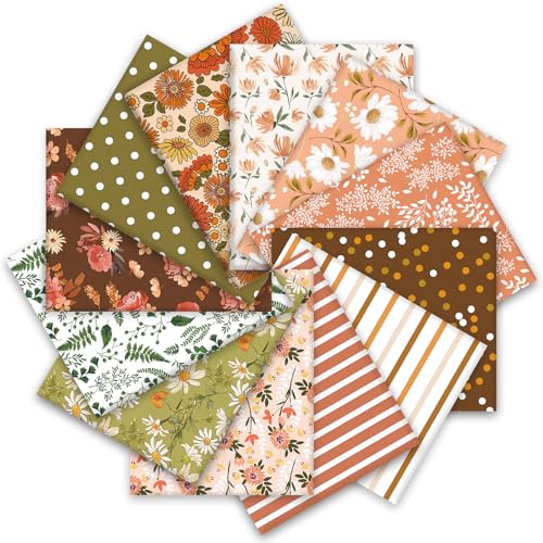 Whaline 12 Pcs Spring Boho Cotton Fabric Bundles Watercolor Flower Floral Greenery Fat Quarters Retro Garden Quilting Patchwork for DIY Handmade Crafting 18 x 22 Inch - Image 1