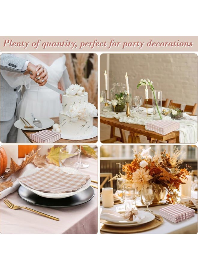 Dinifee 240 Pcs Scalloped Cocktail Napkins Bulk 5 x 5 Inch Gingham Plaid Paper Napkins Disposable Gradient Color Decorative Napkins for Wedding Birthday Bridal Anniversary Party Supplies (Khaki) - Image 5