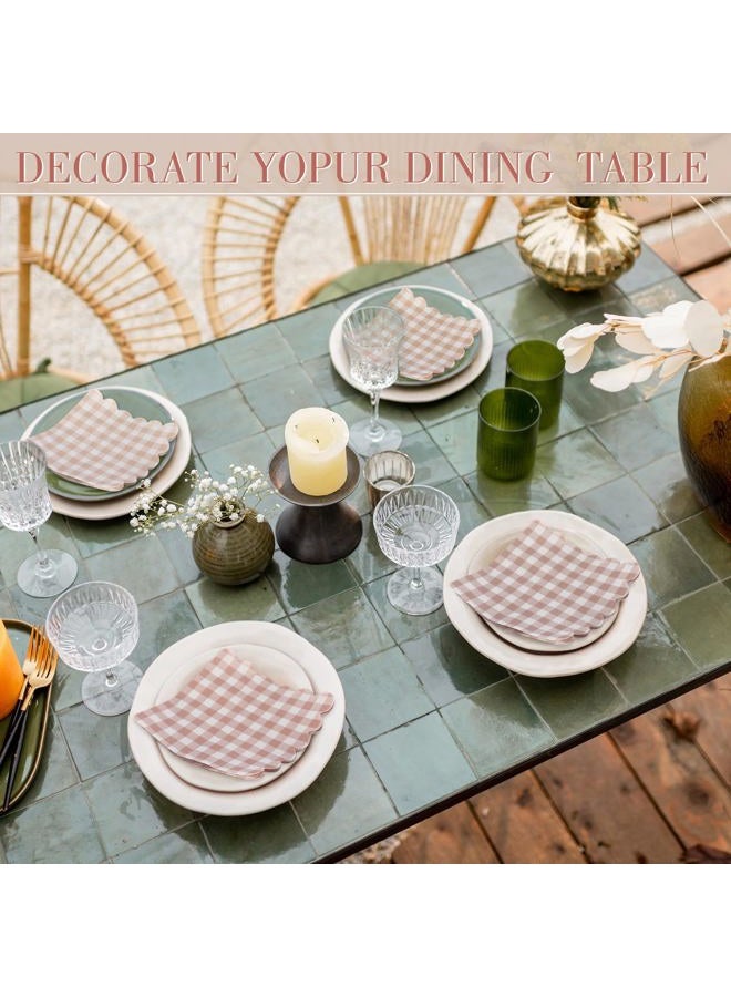 Dinifee 240 Pcs Scalloped Cocktail Napkins Bulk 5 x 5 Inch Gingham Plaid Paper Napkins Disposable Gradient Color Decorative Napkins for Wedding Birthday Bridal Anniversary Party Supplies (Khaki) - Image 4
