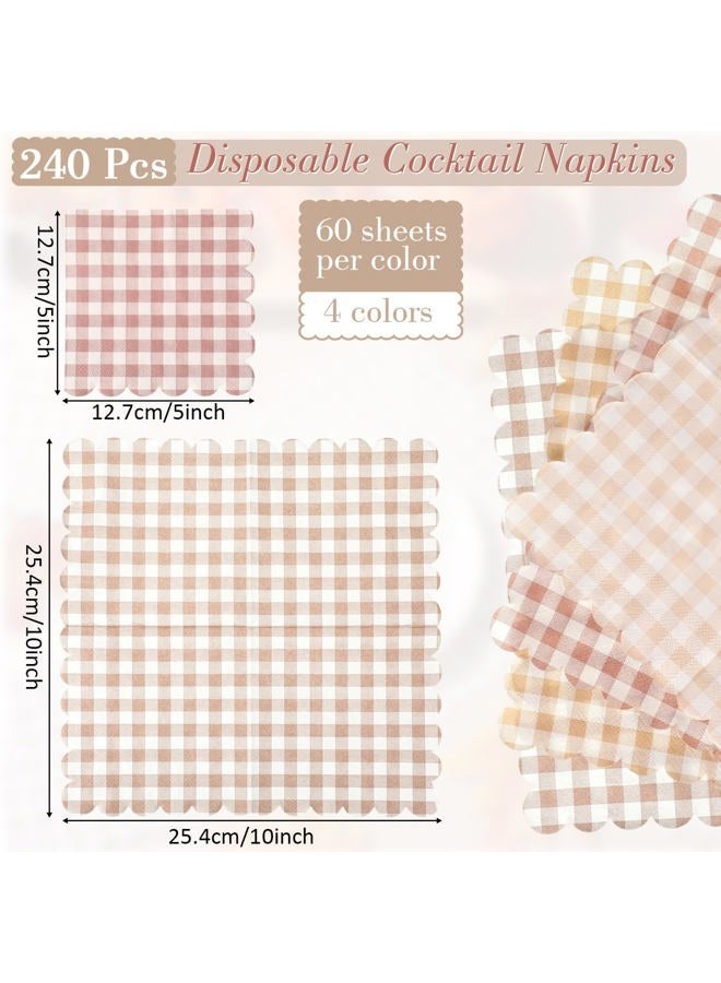 Dinifee 240 Pcs Scalloped Cocktail Napkins Bulk 5 x 5 Inch Gingham Plaid Paper Napkins Disposable Gradient Color Decorative Napkins for Wedding Birthday Bridal Anniversary Party Supplies (Khaki) - Image 2