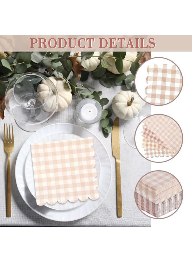 Dinifee 240 Pcs Scalloped Cocktail Napkins Bulk 5 x 5 Inch Gingham Plaid Paper Napkins Disposable Gradient Color Decorative Napkins for Wedding Birthday Bridal Anniversary Party Supplies (Khaki) - Image 3