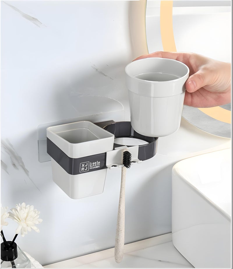 Jinila Toothbrush Holder with Gargle Cup Wall Mounted Plastic Multifunctional Tooth Paste, Tongue Cleaner Rack Holder for Bathroom and Wash Basin Organizer (Pack of 1, Gray and Cream) - Image 5