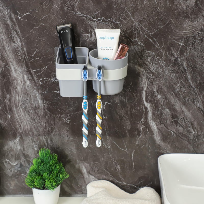 Jinila Toothbrush Holder with Gargle Cup Wall Mounted Plastic Multifunctional Tooth Paste, Tongue Cleaner Rack Holder for Bathroom and Wash Basin Organizer (Pack of 1, Gray and Cream) - Image 3
