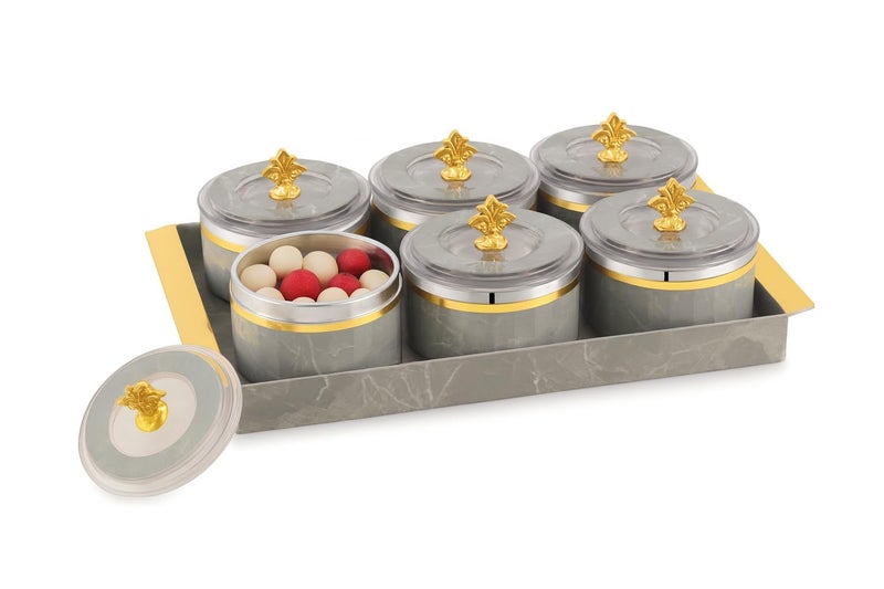 Nabhya Jupiter Multipurpose Dry Fruit Air Tight Storage Container With Inner Steel Bowl & Serving Tray for Home & Kitchen 500ML (Grey, Set of 6) - Image 1