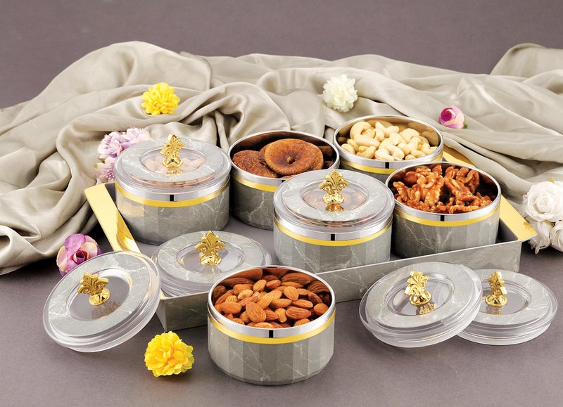 Nabhya Jupiter Multipurpose Dry Fruit Air Tight Storage Container With Inner Steel Bowl & Serving Tray for Home & Kitchen 500ML (Grey, Set of 6) - Image 2