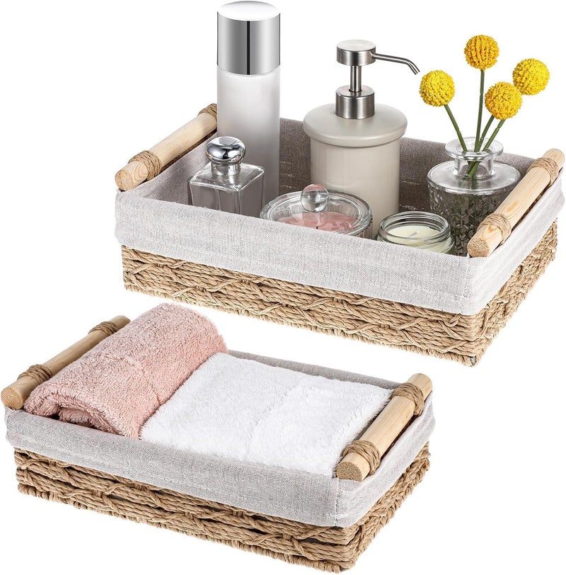 SAGREENY Bathroom Baskets for Organizing, Small Wicker Basket for Organizer, Round Paper Rope Storage Basket for Bathroom Countertop, Set of 2 - Image 1