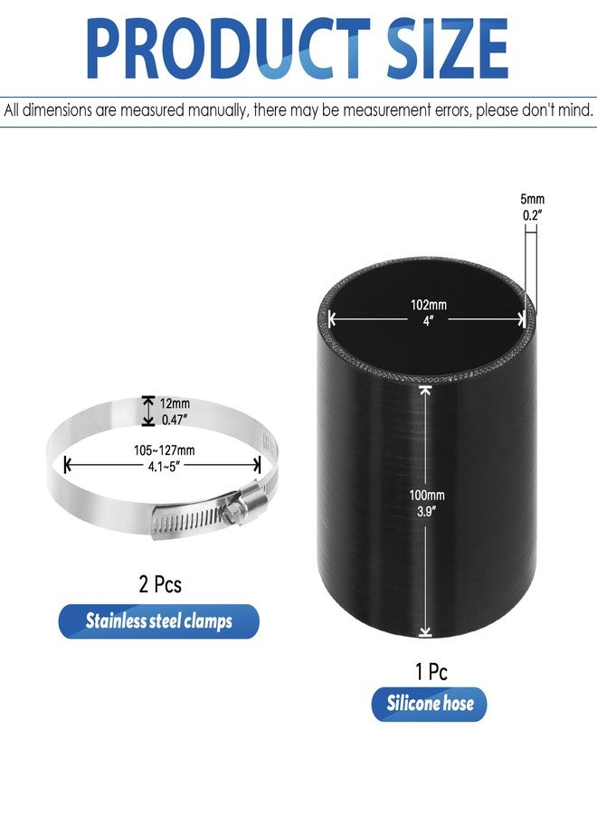 Glarks 4inch (102mm) ID Straight Coupler Silicone Hose 4inch(100mm) Length 4-Ply Reinforced High Performance with 2Pcs 105-127MM tainless Steel T-Bolt Clamp for Turbo, Intercooler and Intake - Image 2