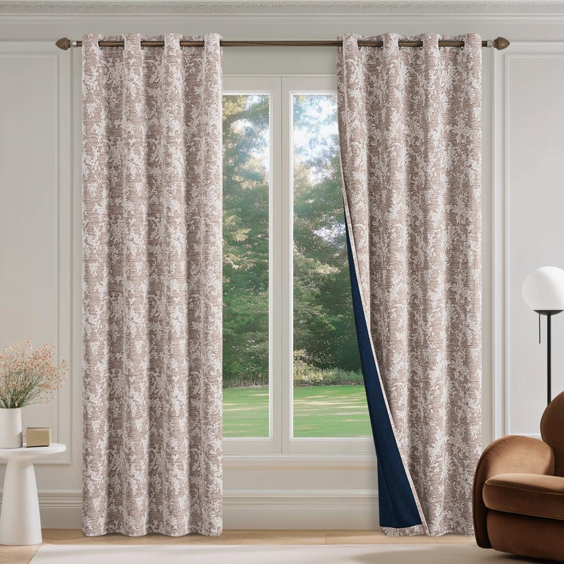 FMFUNCTEX Rust Brown Floral Jacquard Blackout Curtains 63 Inch Length for Bedroom, Scroll Flower Chenille Farmhouse Curtains for Living Room Darkening Thermal Insulated Grommet Window Drapes 2 Panels - Image 2