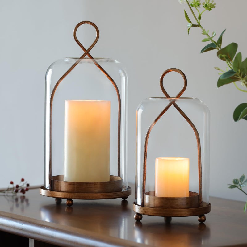 Devi Hurricane Glass Candle Holders, Modern Farmhouse Coffee Table Decorations, Candle Holders for Pillar Candles Set of 2, Decorative Candle Lanterns, Antique Large Candle Holder for Gifts - Image 1