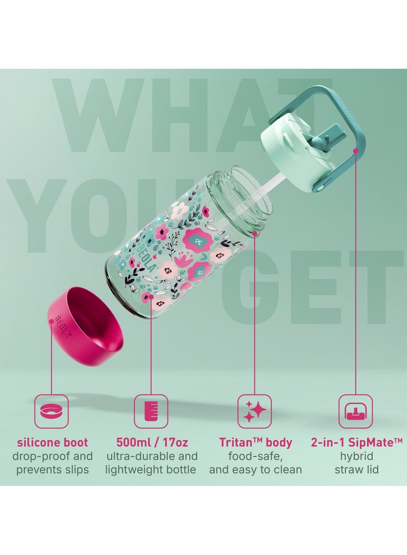 BEOLA 500ml Kids Water Bottle with Straw Lid and Silicone Protective Boot, Tritan Plastic, BPA BPS FREE Leak Proof and Drop Resistant Kids Water Bottles for School (Ever Blooming) - Image 2