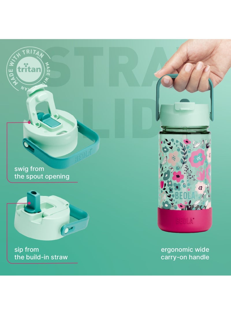 BEOLA 500ml Kids Water Bottle with Straw Lid and Silicone Protective Boot, Tritan Plastic, BPA BPS FREE Leak Proof and Drop Resistant Kids Water Bottles for School (Ever Blooming) - Image 3