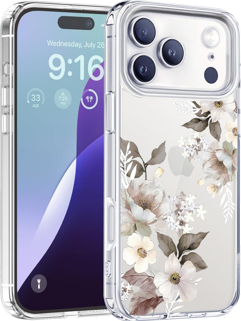 Elzzi Clear Transparent Flower Cover for iPhone 17 Pro Case Shockproof Floral Design Full Camera Protection Shockproof PC+TPU Transparent Cover for Girls & Women (Grey) - Image 1