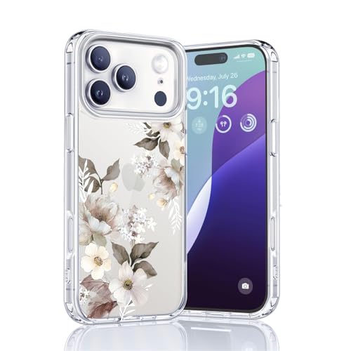 Elzzi Clear Transparent Flower Cover for iPhone 17 Pro Case Shockproof Floral Design Full Camera Protection Shockproof PC+TPU Transparent Cover for Girls & Women (Grey) - Image 2
