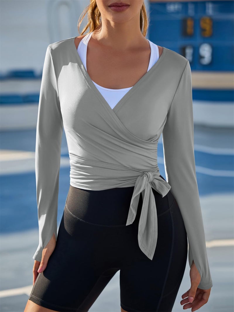 Fisoew Womens Wrap Tie Tops Long Sleeve Workout Crop Wrap Shirts Casual Lightweight Ballet Pilates Yoga Active Tops Grey - Image 2