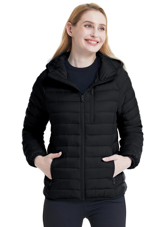 Wantdo Women's Packable Down Jacket Lightweight Puffer Jacket Hooded Winter Coat, Black, L - Image 2