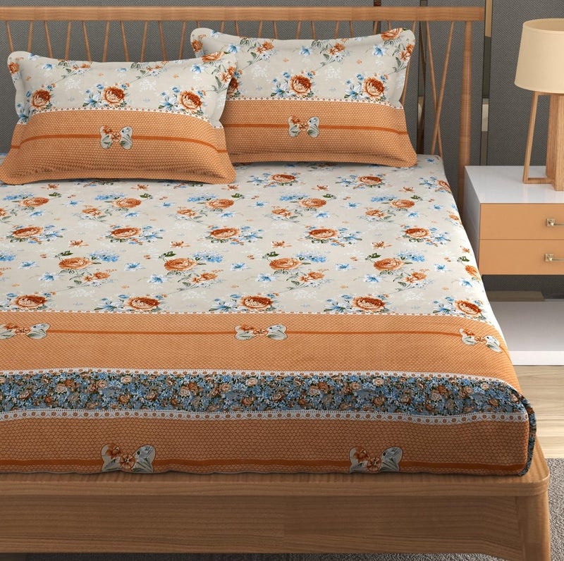 Furnofy Premium Floral Printed Double Bedsheet Set – Peach & Beige (90x100 Inches) with 2 Pillow Covers – Flat - Image 1