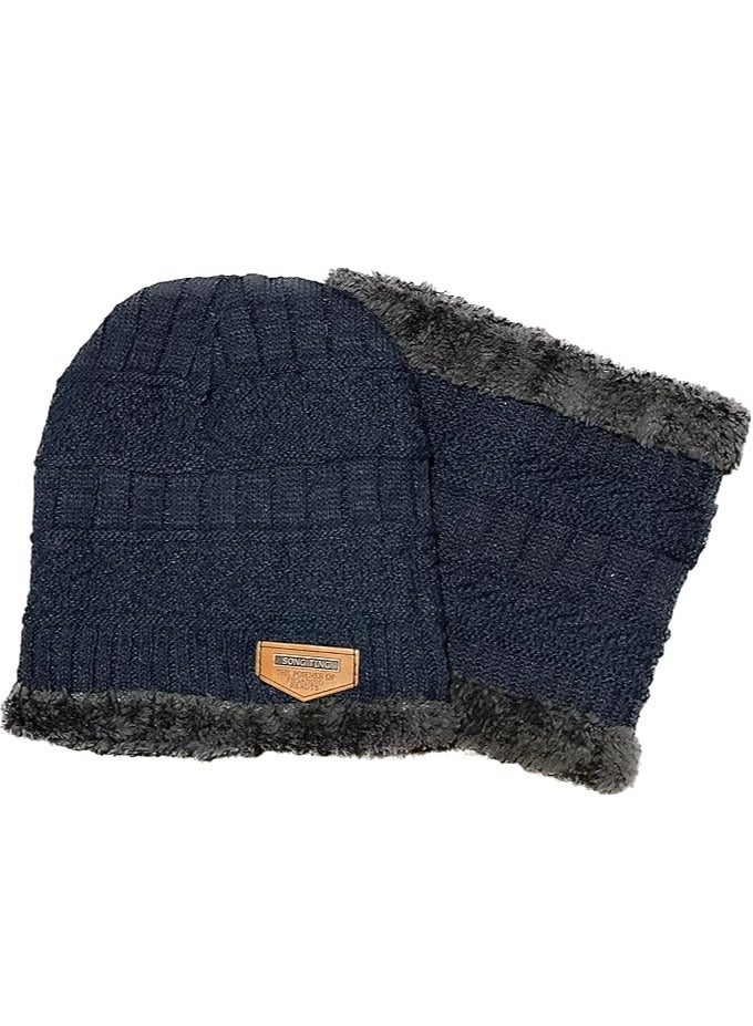 Fleece lined neck snow hat set, navy blue