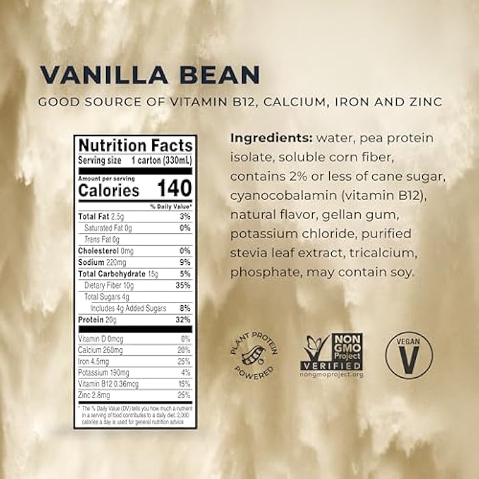 Evolve Plant Based Protein Shake, Vanilla Bean, 20g Vegan Protein, Dairy Free, No Artificial Sweeteners, Non-GMO, 10g Fiber, 11 Fl Oz (Pack of 12) (Formula May Vary) - Image 4