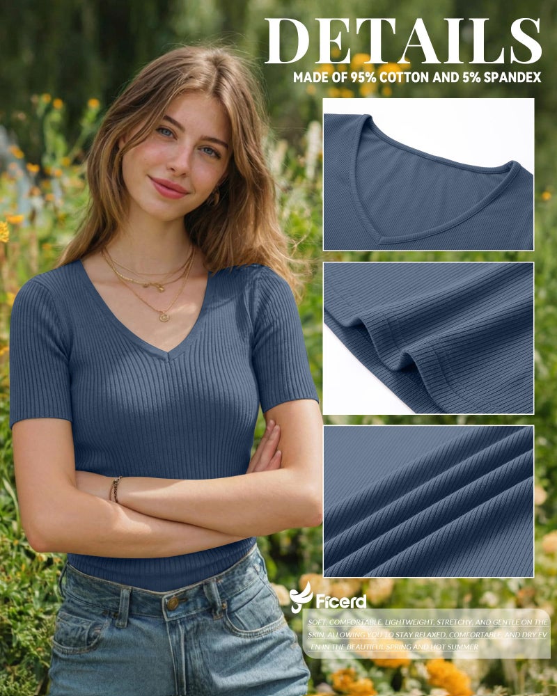 Ficerd 3 Pack Women's Short Sleeve Cotton T-Shirts V Neck Ribbed Slim Fit Tops Ladies' Casual Summer Basic Tee(Black, White, Haze Blue,Large) - Image 5