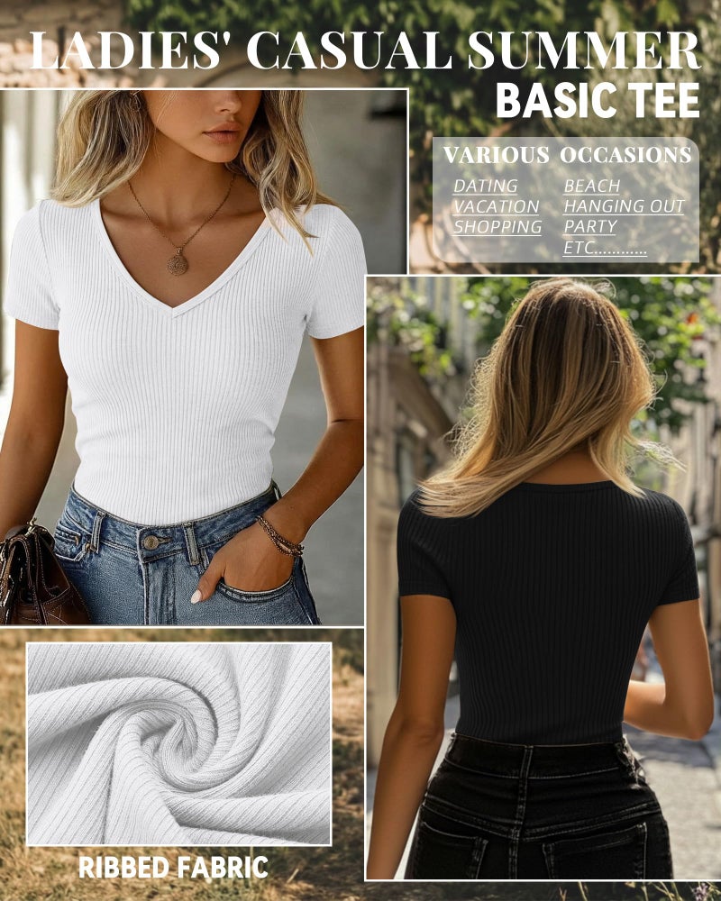 Ficerd 3 Pack Women's Short Sleeve Cotton T-Shirts V Neck Ribbed Slim Fit Tops Ladies' Casual Summer Basic Tee(Black, White, Haze Blue,Large) - Image 3
