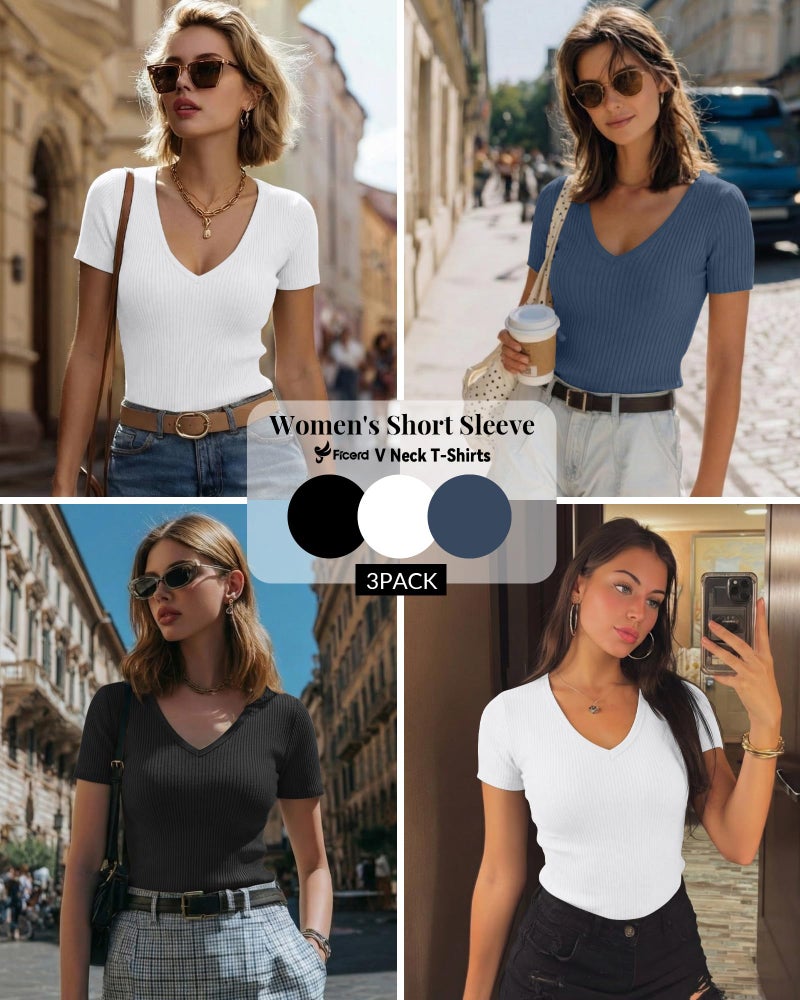 Ficerd 3 Pack Women's Short Sleeve Cotton T-Shirts V Neck Ribbed Slim Fit Tops Ladies' Casual Summer Basic Tee(Black, White, Haze Blue,Large) - Image 2