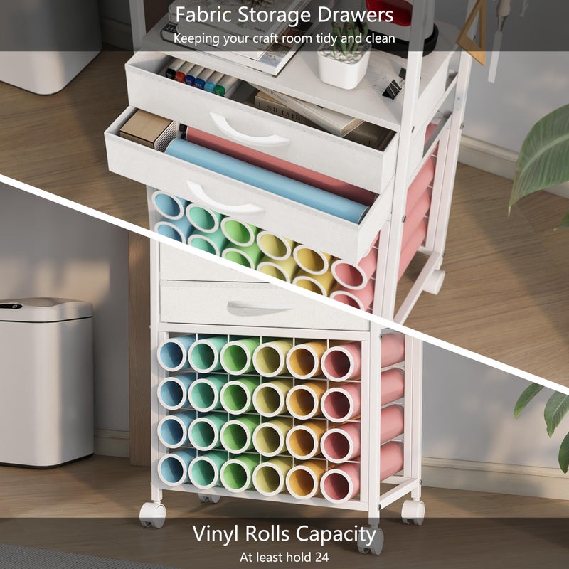 VENNQD Organizer and Storage Stand Compatible with Cricut Machines,Rolling Storage Cart/Shelf with 24 Vinyl Roll Holdersï¼Œ2 Fabric Drawer,Accessories Holder,Tool Hook for Craft Room Home (white) - Image 3