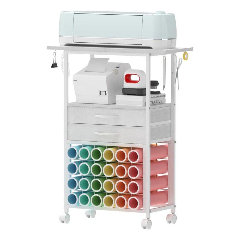 VENNQD Organizer and Storage Stand Compatible with Cricut Machines,Rolling Storage Cart/Shelf with 24 Vinyl Roll Holdersï¼Œ2 Fabric Drawer,Accessories Holder,Tool Hook for Craft Room Home (white) - Image 1