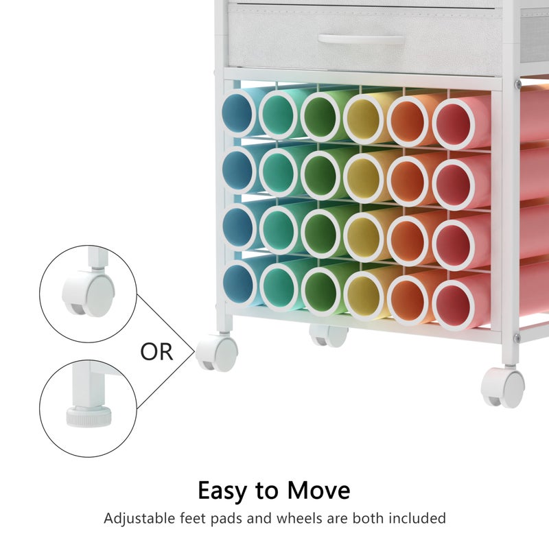 VENNQD Organizer and Storage Stand Compatible with Cricut Machines,Rolling Storage Cart/Shelf with 24 Vinyl Roll Holdersï¼Œ2 Fabric Drawer,Accessories Holder,Tool Hook for Craft Room Home (white) - Image 5