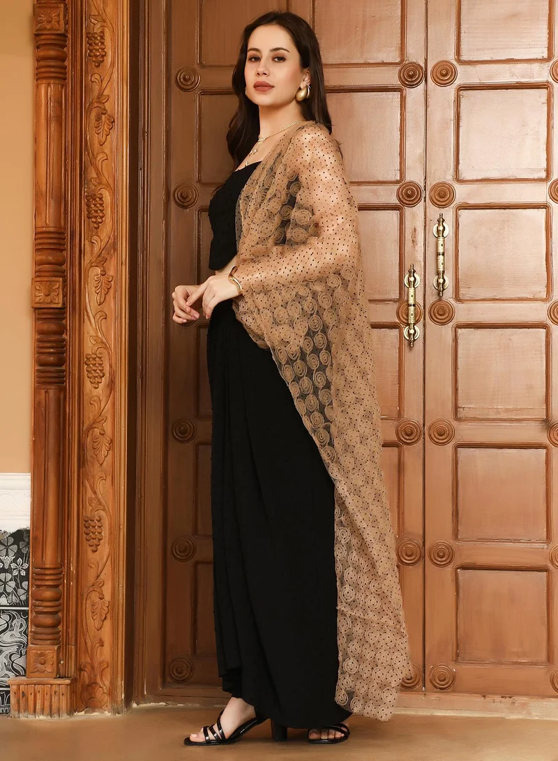 QISSA Women's Onyx Black Rosa-Textured Pre-Draped Saree For Ethnic Wear | Square Neck , Sleeveless , Asymmetrical Hem | Textured Fabric | 2 Piece Pre-Draped Saree Designed For Evening & Party Wear