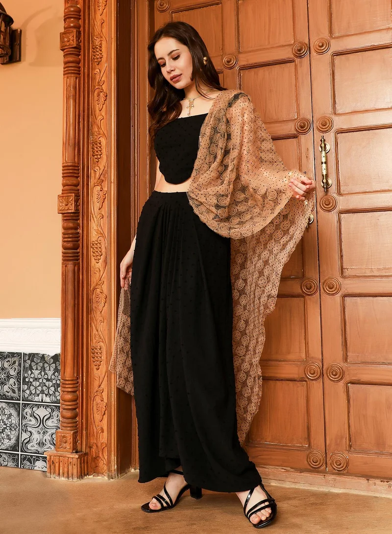 QISSA Women's Onyx Black Rosa-Textured Pre-Draped Saree For Ethnic Wear | Square Neck , Sleeveless , Asymmetrical Hem | Textured Fabric | 2 Piece Pre-Draped Saree Designed For Evening & Party Wear