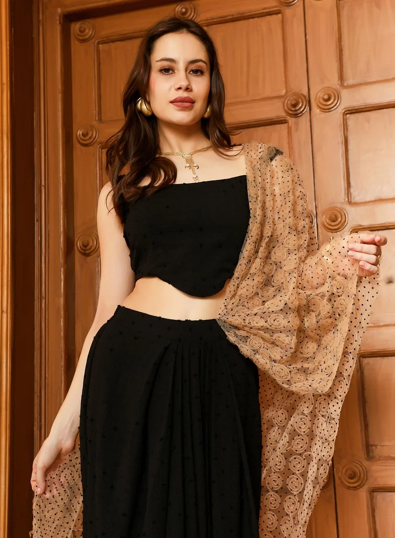 QISSA Women's Onyx Black Rosa-Textured Pre-Draped Saree For Ethnic Wear | Square Neck , Sleeveless , Asymmetrical Hem | Textured Fabric | 2 Piece Pre-Draped Saree Designed For Evening & Party Wear