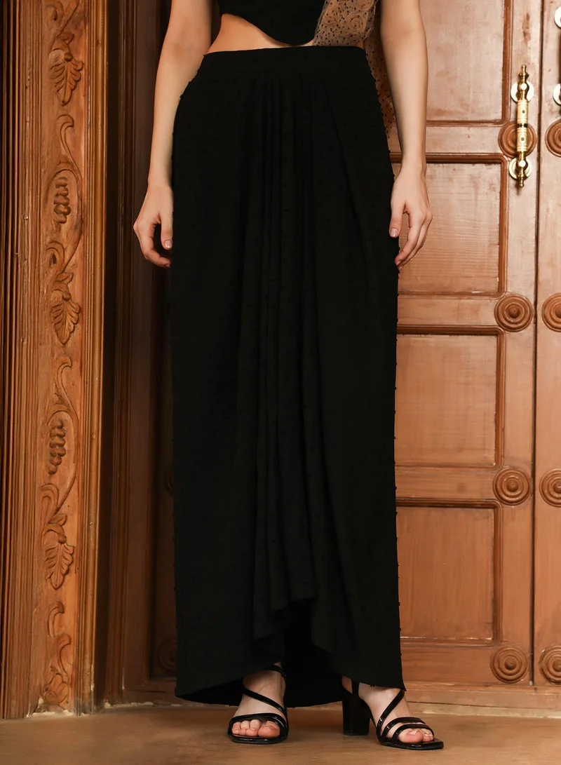 QISSA Women's Onyx Black Rosa-Textured Pre-Draped Saree For Ethnic Wear | Square Neck , Sleeveless , Asymmetrical Hem | Textured Fabric | 2 Piece Pre-Draped Saree Designed For Evening & Party Wear