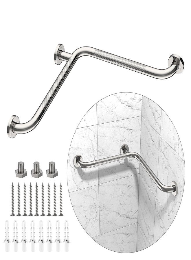 Munzong Angled Shower Grab Bar, Munzong Anti Slip Chrome Bathroom Grab Bar, L-Shaped Knurled Balance Bar, Safety Hand Rail Support Handicap Elderly Injury Senior Assist Bath Handle - Image 1
