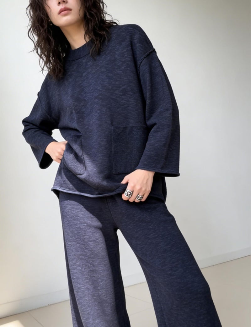 IQSQSQ Women's 2 Piece Sweater Set Long Sleeve Knit Top Wide Leg Pants Spring Fall Winter Casual Lounge Outfit(Navy-M) - Image 2