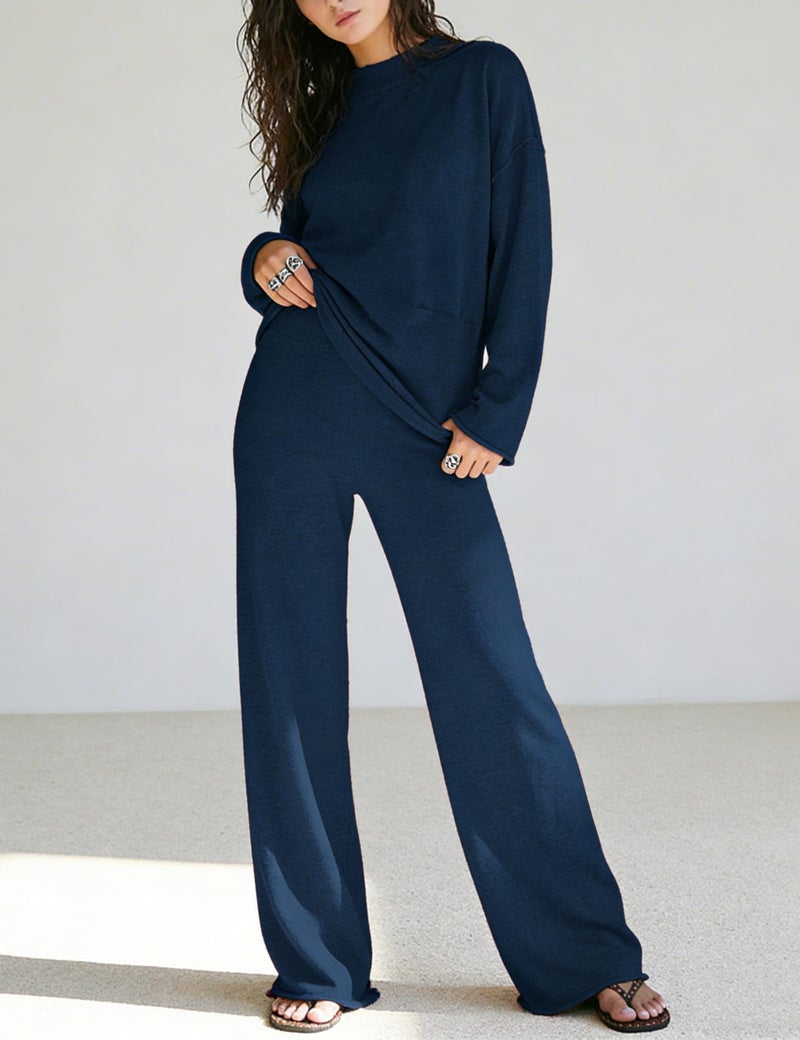 IQSQSQ Women's 2 Piece Sweater Set Long Sleeve Knit Top Wide Leg Pants Spring Fall Winter Casual Lounge Outfit(Navy-M) - Image 5