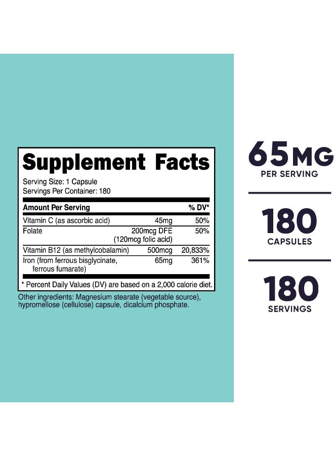 Nutricost حديد للنساء 65 ملغ، 180 كبسولة، مع فيتامين سي، حمض الفوليك، وفيتامين ب12 مناسب للنباتيين، غير معدل وراثيًا، خالي من الغلوتين - Image 2