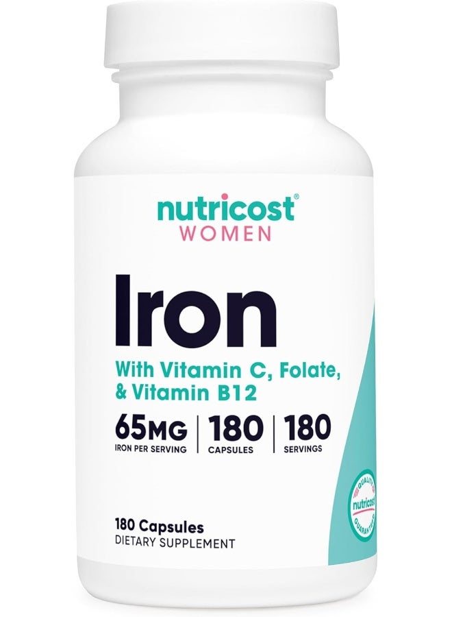Nutricost حديد للنساء 65 ملغ، 180 كبسولة، مع فيتامين سي، حمض الفوليك، وفيتامين ب12 مناسب للنباتيين، غير معدل وراثيًا، خالي من الغلوتين - Image 1