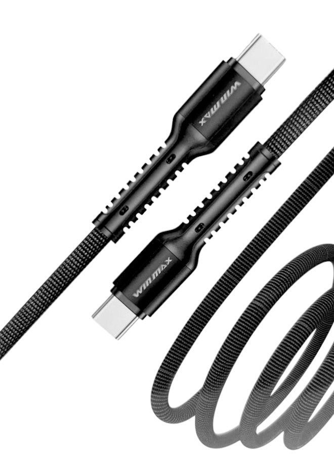 Winmax USB C to USB C cable, 1 meter long, braided with Power Delivery technology, for fast charging for Samsung S24 Ultra, S25 Ultra, iPhone 16 Pro Max, iPhone 15 Pro, iPad Mini 6, MacBook Pro 2021 14 and 16 inches, Mac Air, 12.9 Huawei P40 - Black - Image 1