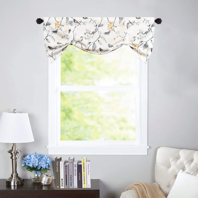 VOGOL Tie Up Valances for Kitchen Windows, Gray Birds and Floral Print Valance Curtains Rod Pocket Shades for Windows, 1 Panel, 52 x 18 - Image 2