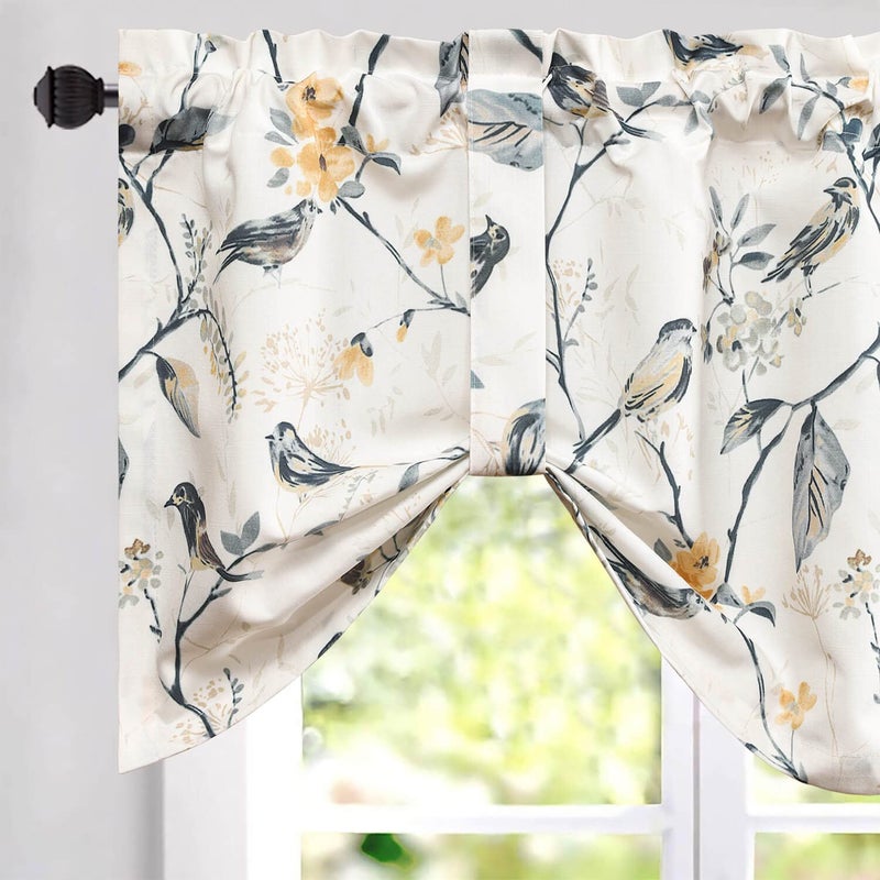 VOGOL Tie Up Valances for Kitchen Windows, Gray Birds and Floral Print Valance Curtains Rod Pocket Shades for Windows, 1 Panel, 52 x 18 - Image 1